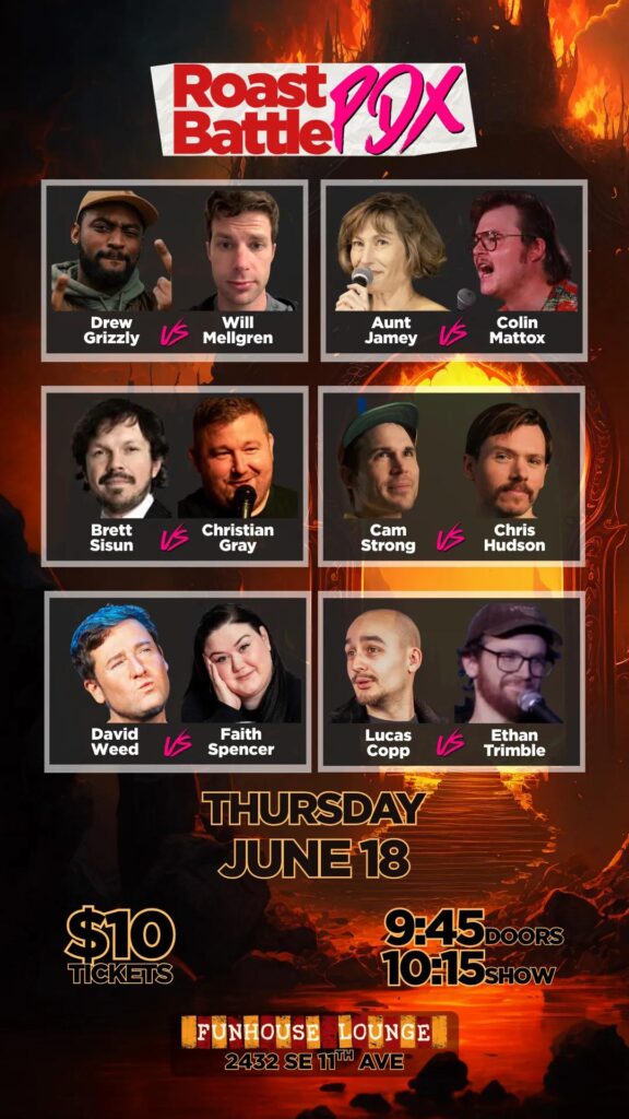 pdx portland oregon tonight events fun shows comedy comedians chris hudson roast battle